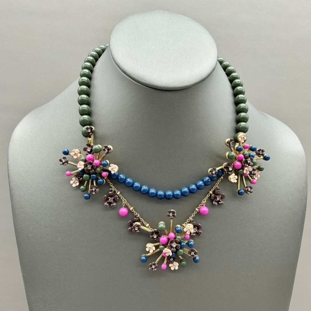 Ann Taylor Floral Beaded Statement Necklace Women Green Blue Pink Flower Accents